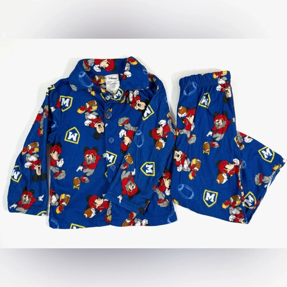 DISNEY‎ Boys Mickey Mouse Football Fleece Pajama Set 3T Character Loungewear